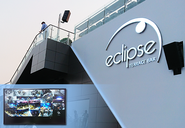 title eclipse sky bar's front door with Milesight NVR screen