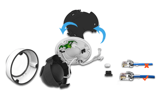 5 inner parts of pro dome camera and ethernet cable